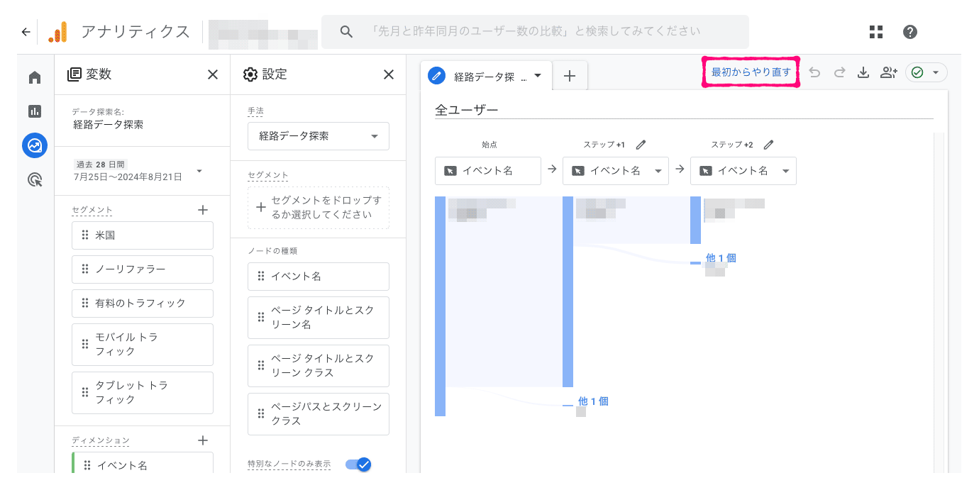 経路データ探索のデフォルト画面で、画面右上にある「最初からやり直す」をクリック